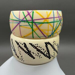 Vintage Chunky Resin Wood Bangle Bracelet Set Colorful Splatter Abstract Zigzag